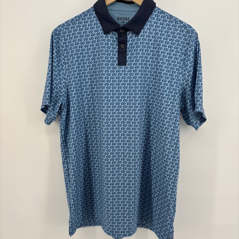 Rhone Polo Shirt Mens Medium Blue Geometric Diamond Print 101448 Stretch - Picture 9 of 10